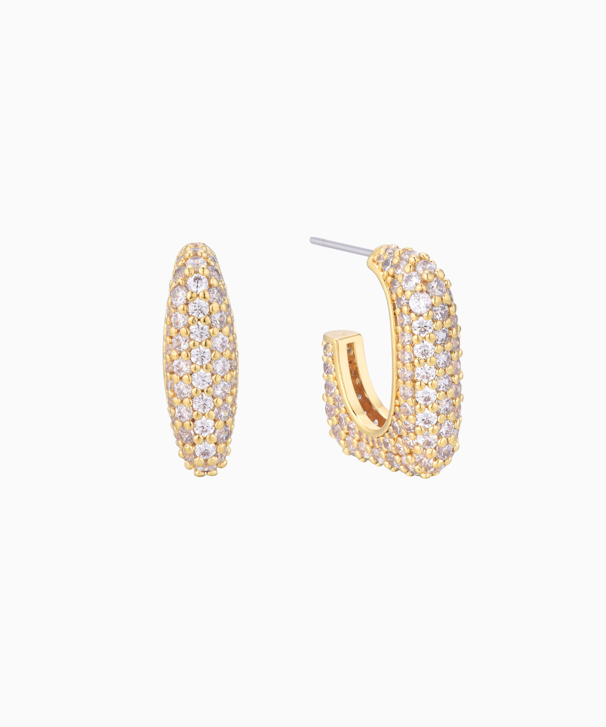 Gold pavé hoop earrings with 18K gold plating and crystals, elegant open-hoop bridal jewelry for weddings, bridesmaids, and luxury occasions by sarah gauci malta