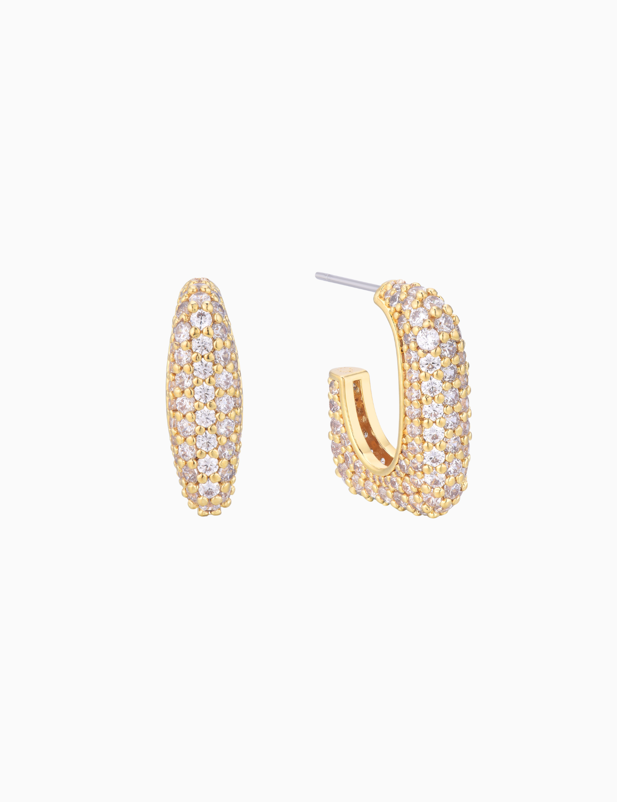 Gold pavé hoop earrings with 18K gold plating and crystals, elegant open-hoop bridal jewelry for weddings, bridesmaids, and luxury occasions by sarah gauci malta