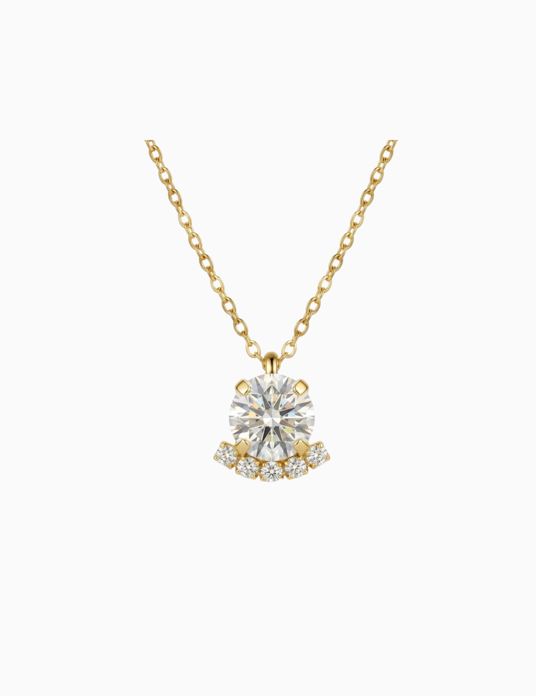 Gold necklace with a diamond pendant on a white background