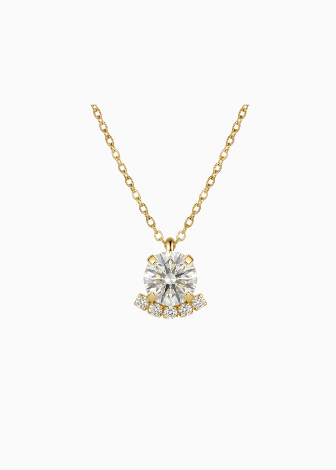 Gold necklace with a diamond pendant on a white background