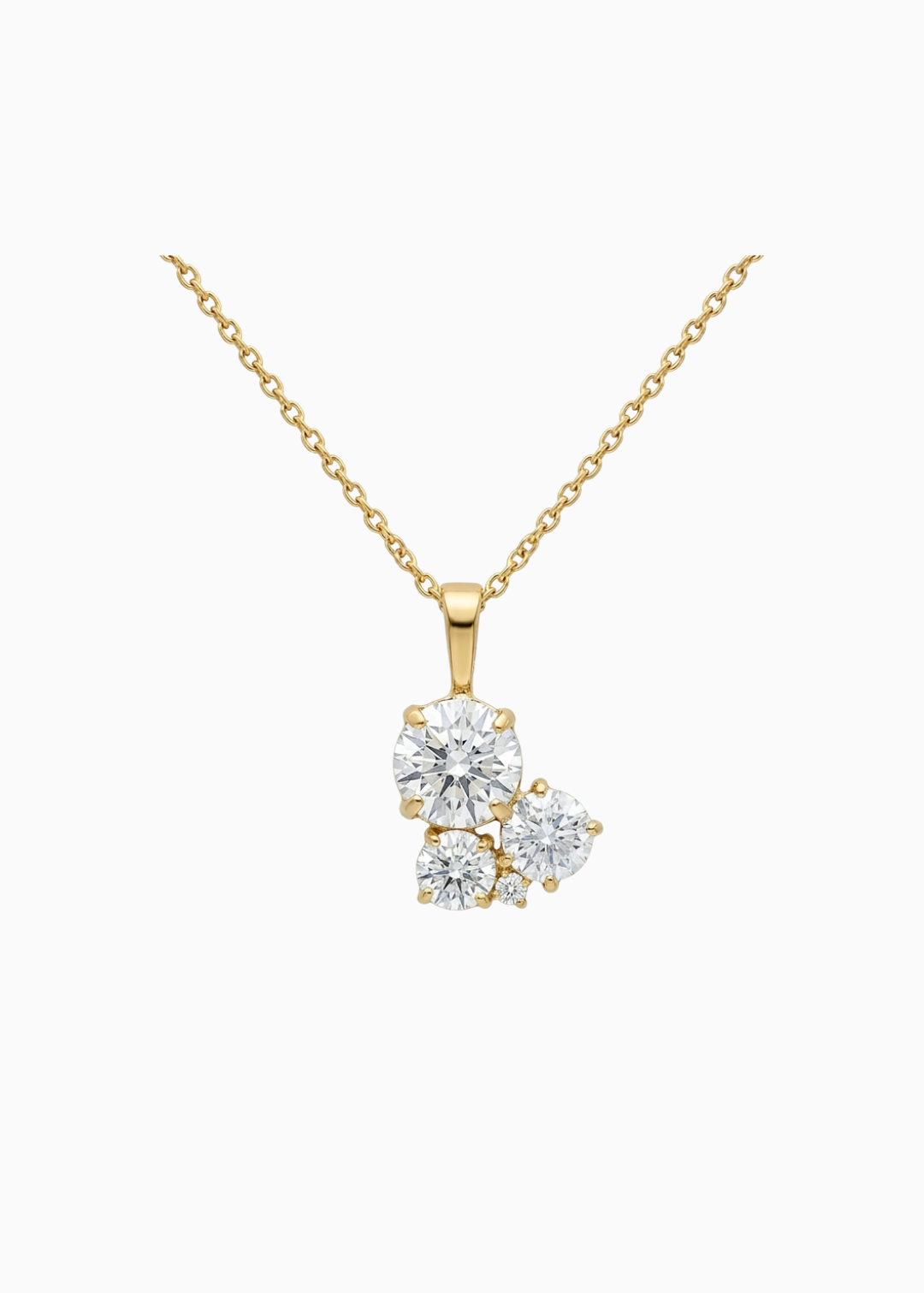 Gold necklace with a diamond pendant on a white background
