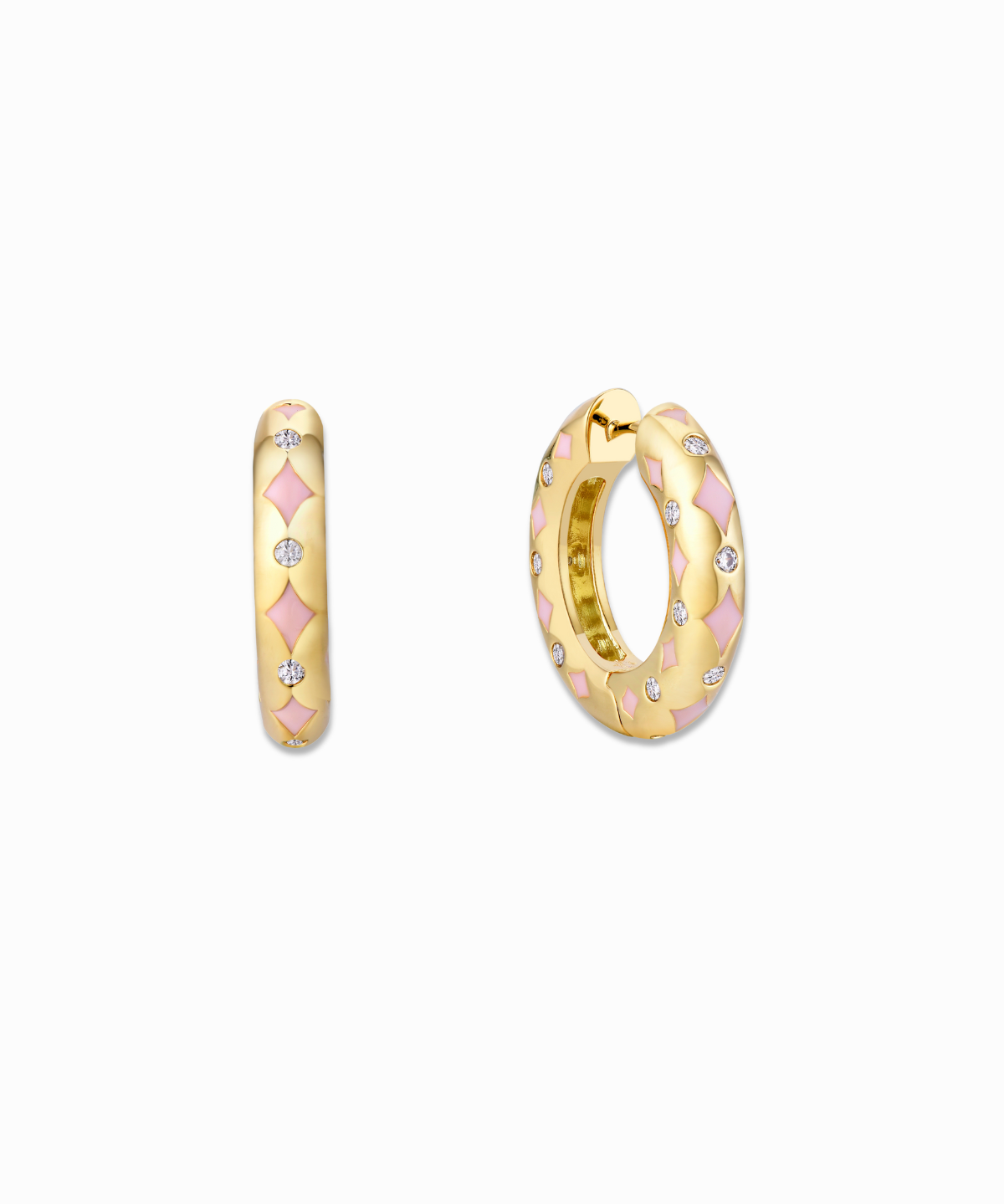 A pair of romantic blush pink enamel hoop earrings with sparkling crystals, and 18K gold plating.