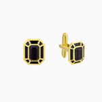 A pair of gold-plated cufflinks with a black onyx gemstone centerpiece.