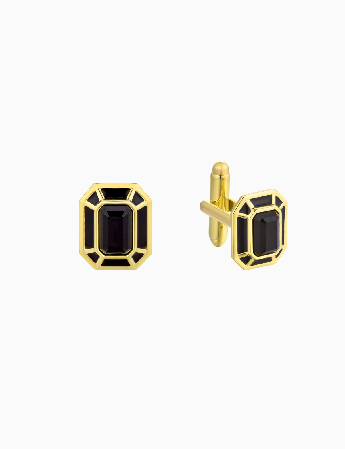 A pair of gold-plated cufflinks with a black onyx gemstone centerpiece.
