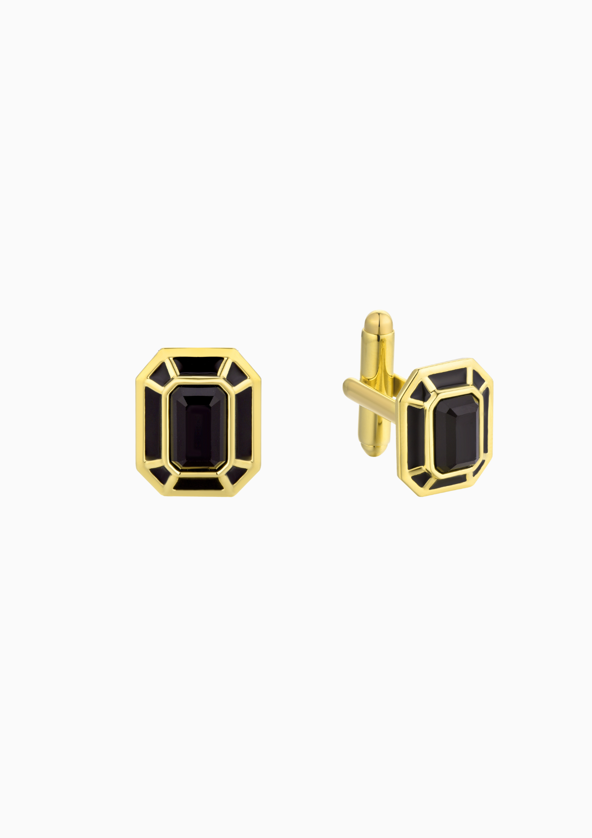 A pair of gold-plated cufflinks with a black onyx gemstone centerpiece.
