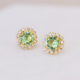 grand cassiopeia earrings in gold with surrounding halo of crystals and a peridot center crystal