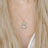 Gold necklace with a pendant worn by a person with blonde hair.
