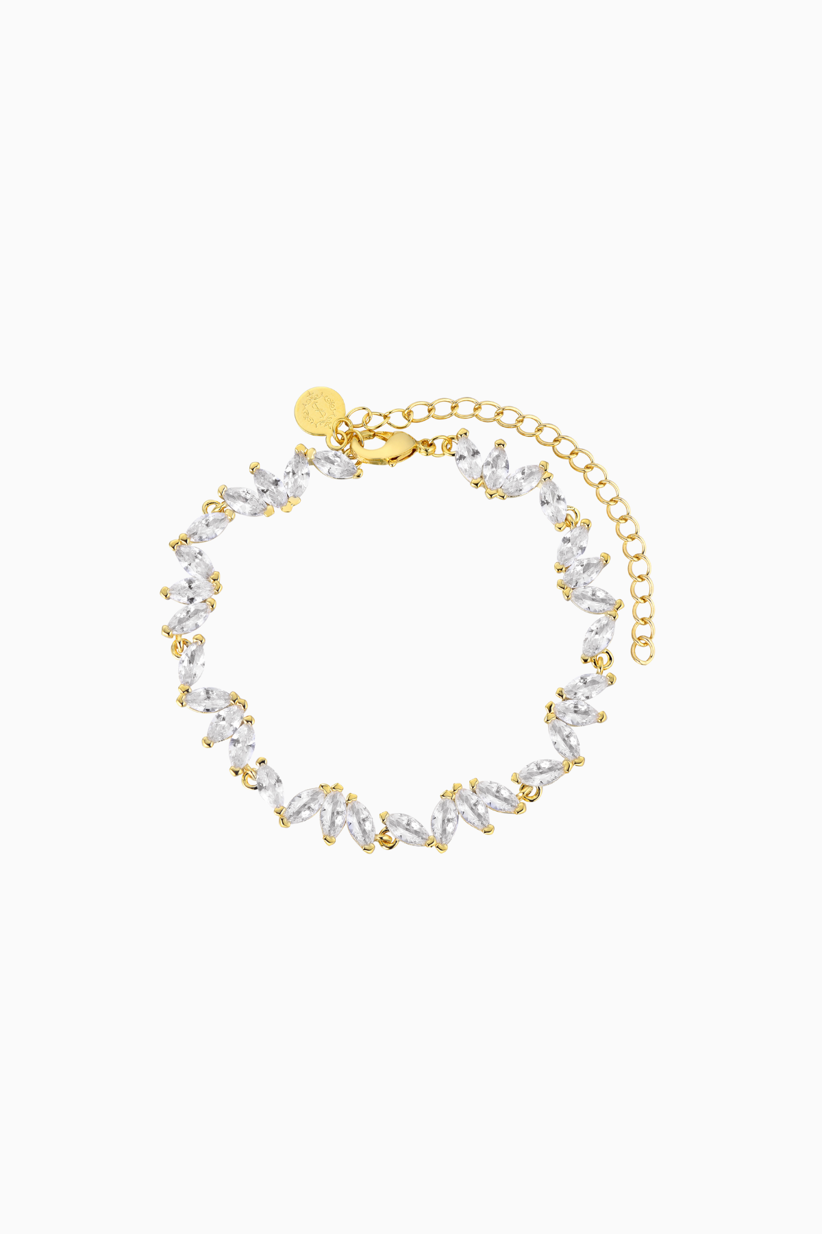 A gold-plated bracelet adorned with leaf-shaped crystals
