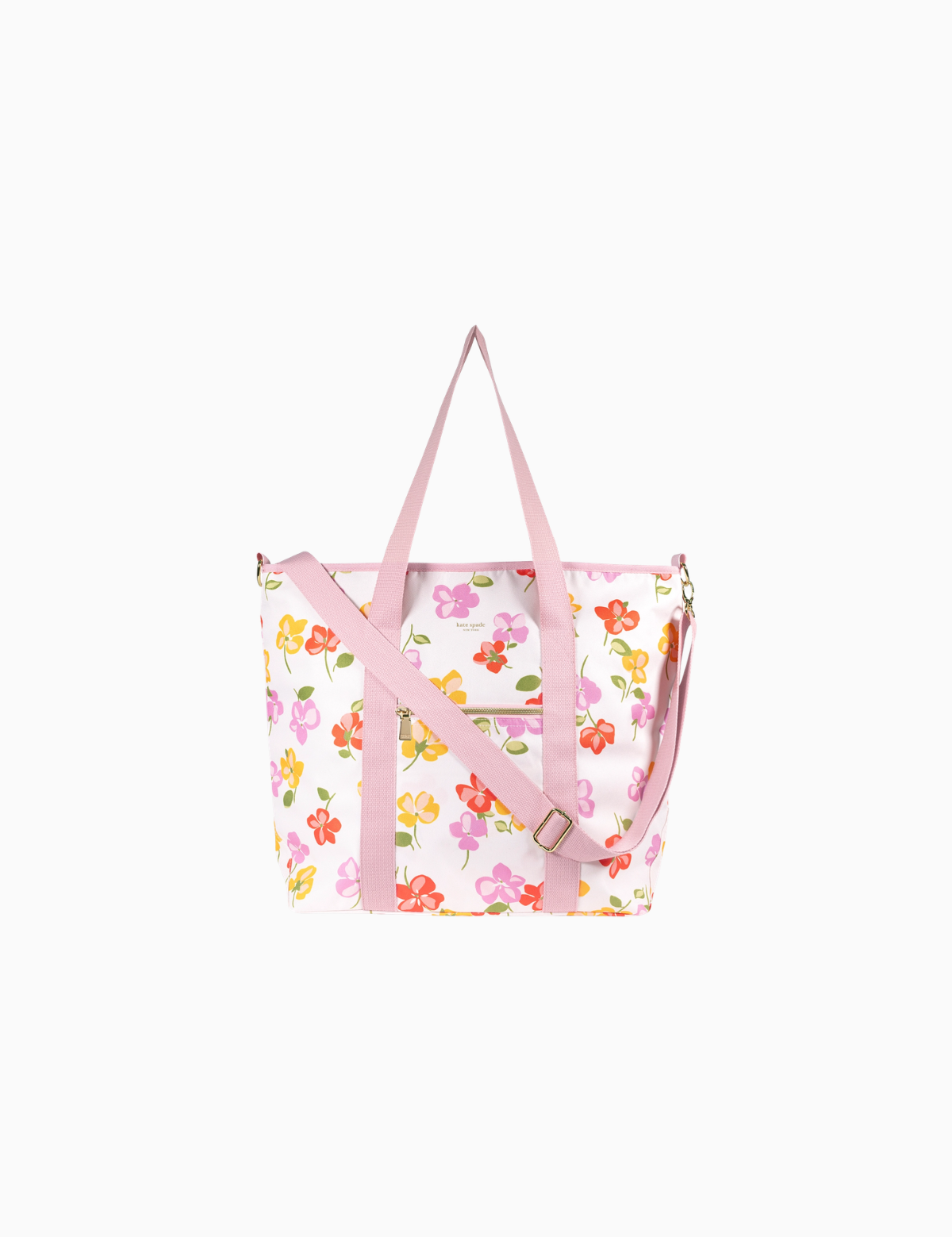 Kate Spade floral cooler bag with pink handles and shoulder strap.