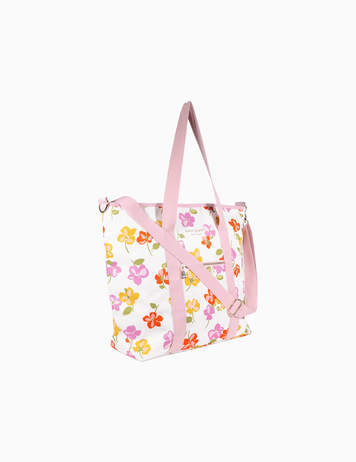 Angled view of a floral cooler bag with pink handles and a long shoulder strap.