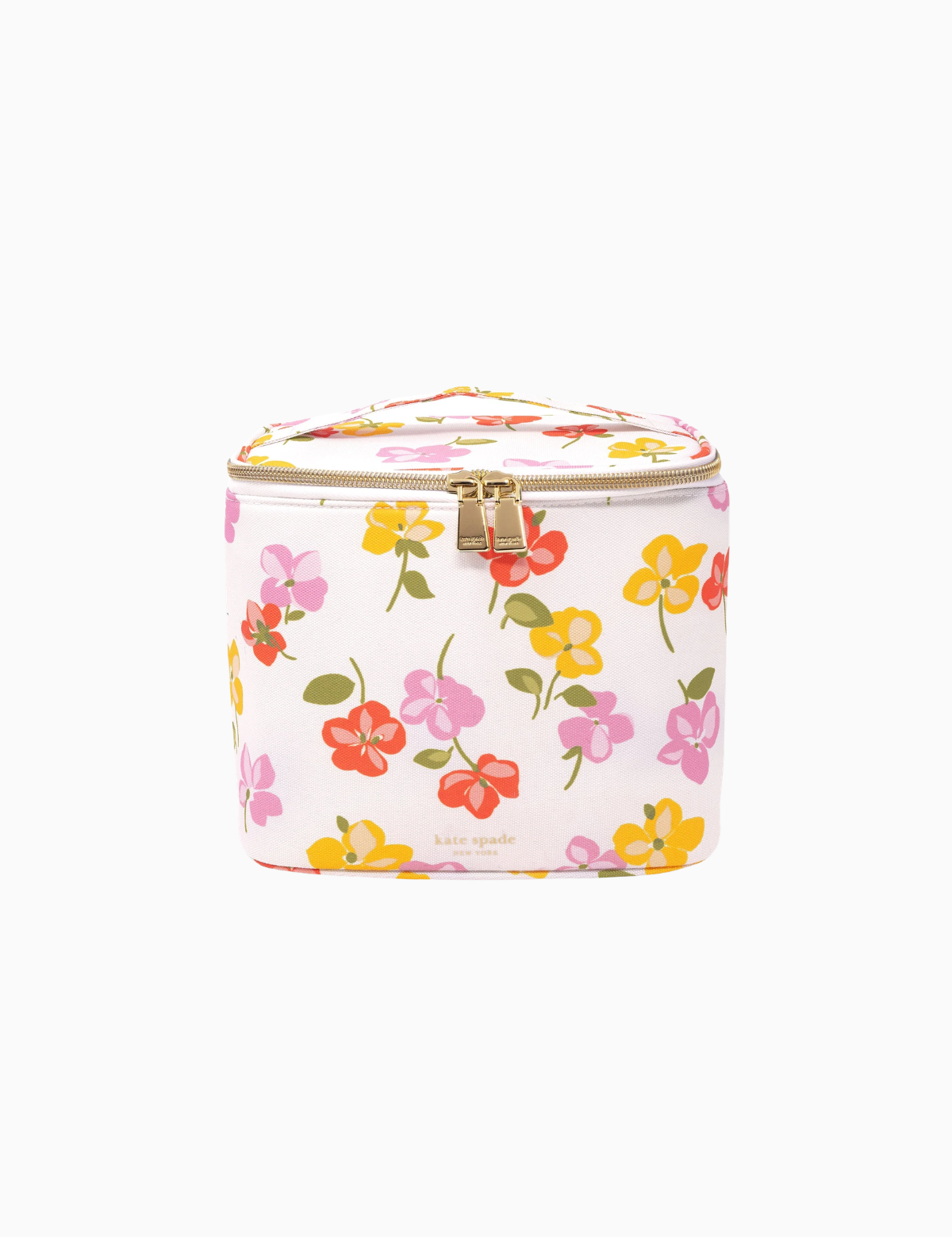 Kate Spade Spring Pansies floral lunch tote shown with its zip closed.