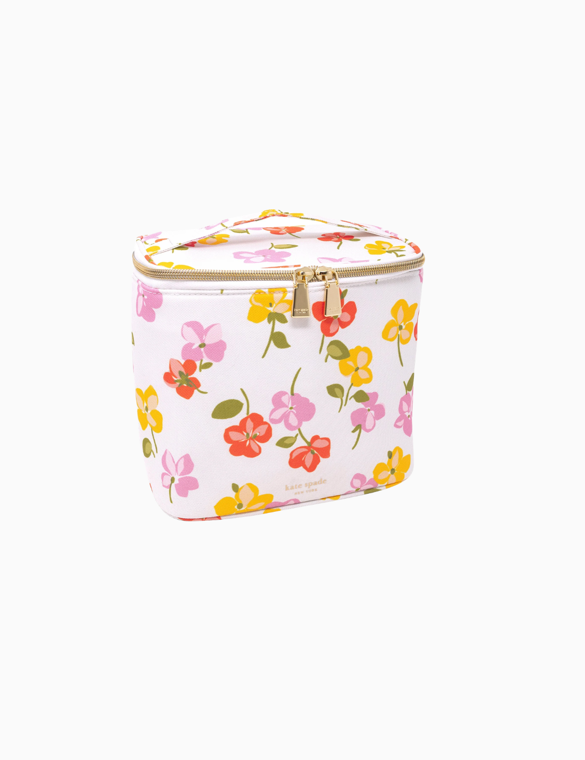 Angled view of the Spring Pansies floral lunch tote.