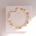 pastel crystal bracelet, pearl bracelet, bridal bracelet, pink and mint jewellery, gold crystal bracelet, wedding jewellery, dainty bracelet, feminine jewellery, handmade bracelet, spring jewellery