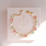 pastel crystal bracelet, pearl bracelet, bridal bracelet, pink and mint jewellery, gold crystal bracelet, wedding jewellery, dainty bracelet, feminine jewellery, handmade bracelet, spring jewellery