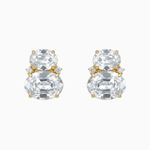Pair of gold and clear crystal stud earrings on a white background