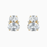 Pair of gold and clear crystal stud earrings on a white background