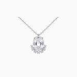 Silver necklace with a teardrop-shaped diamond pendant on a white background