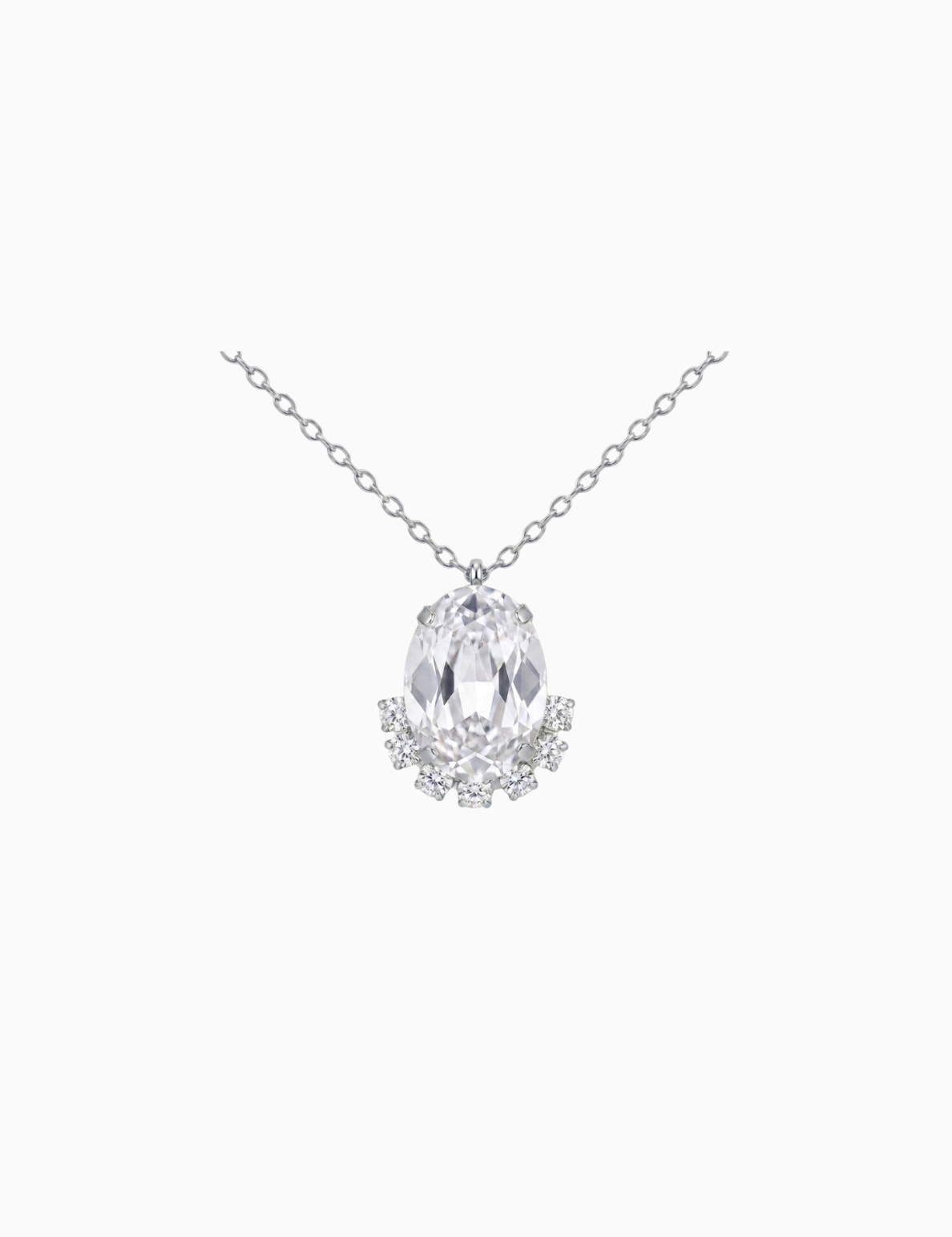 Silver necklace with a teardrop-shaped diamond pendant on a white background
