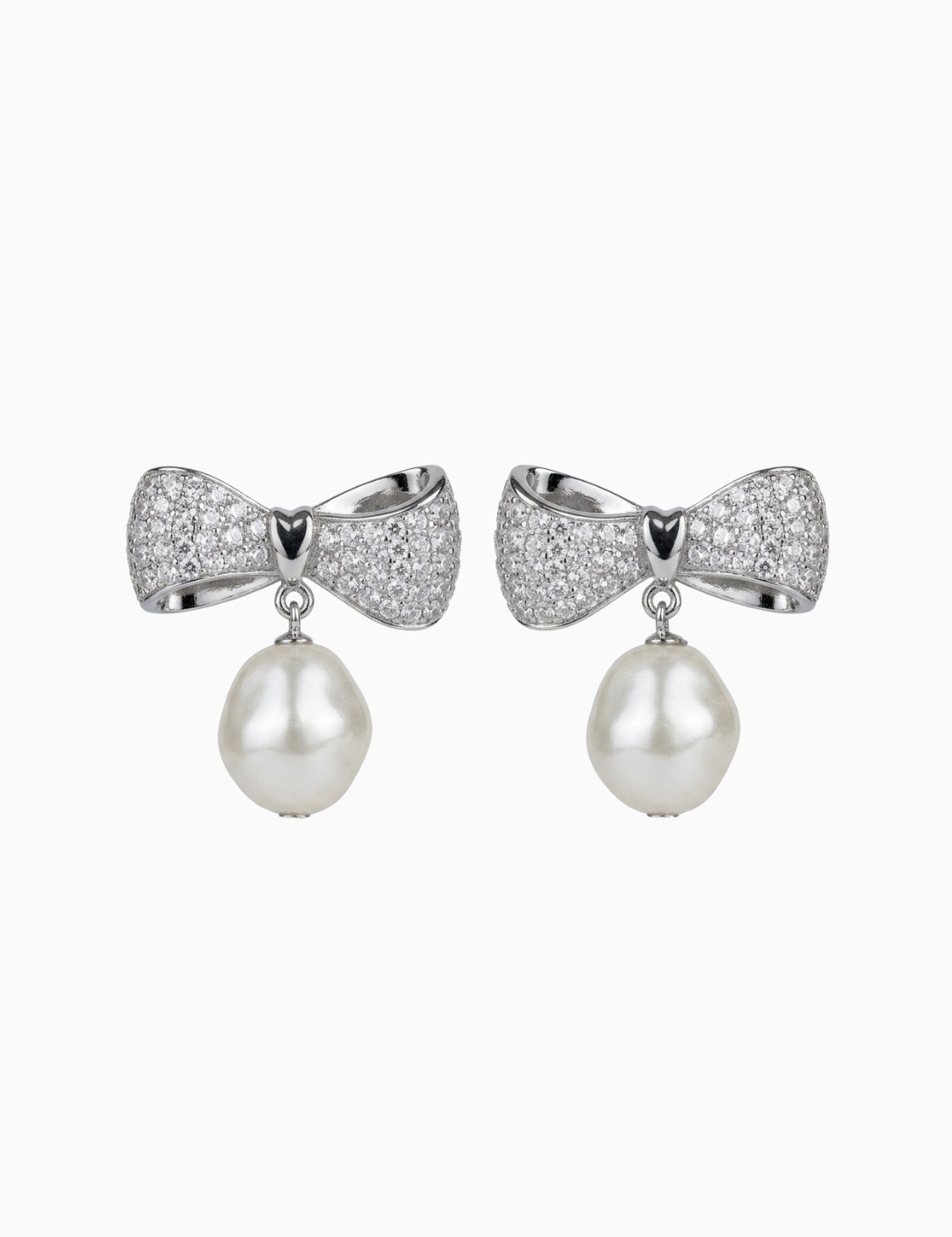Pair of earrings with bow design and pearl drops on a white background