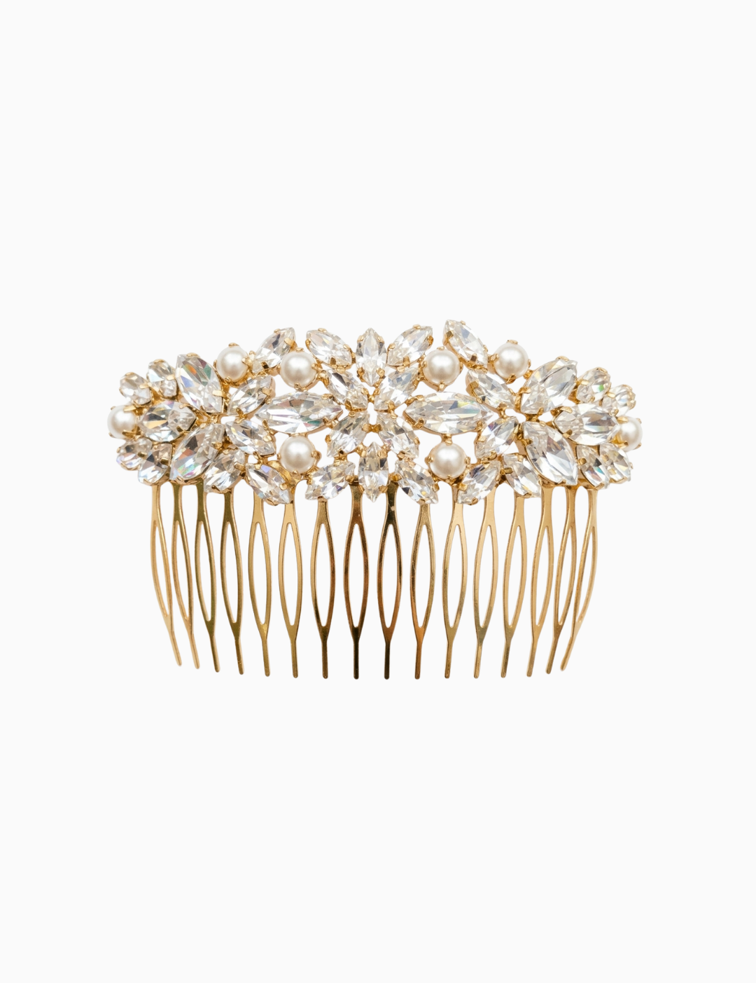 Gold hair comb with crystal and pearl embellishments on a white background
