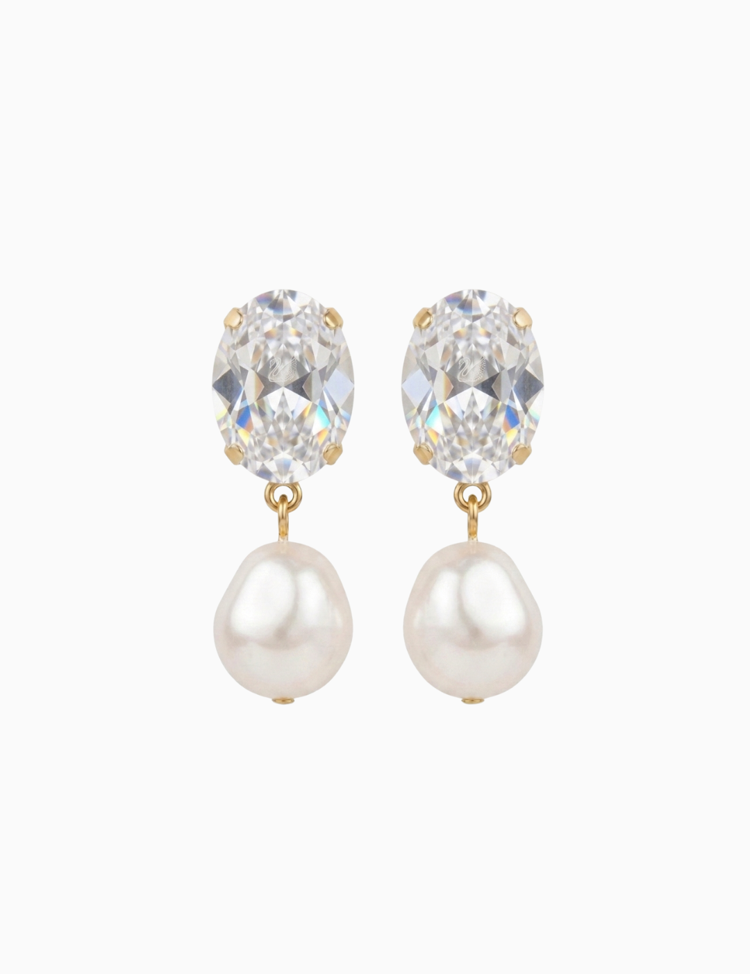Pair of earrings with crystal tops and pearl bottoms on a white background