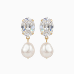 Pair of earrings with crystal tops and pearl bottoms on a white background