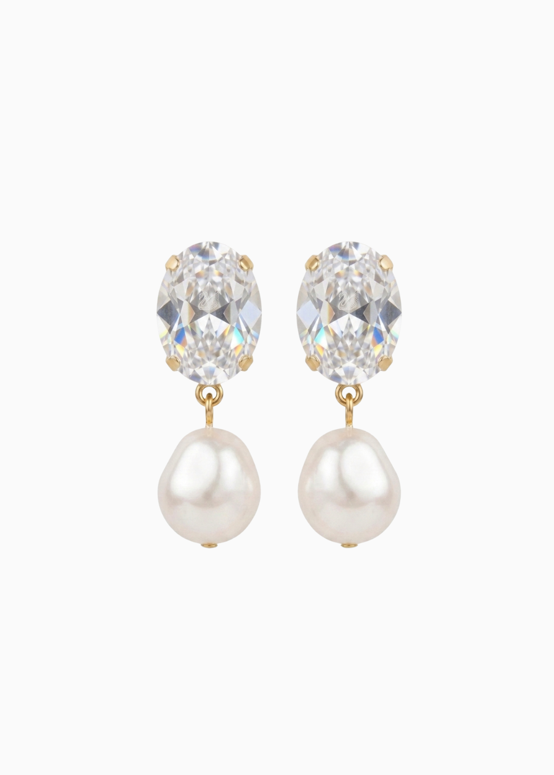 Pair of earrings with crystal tops and pearl bottoms on a white background