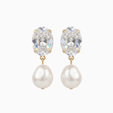 Pair of earrings with crystal tops and pearl bottoms on a white background
