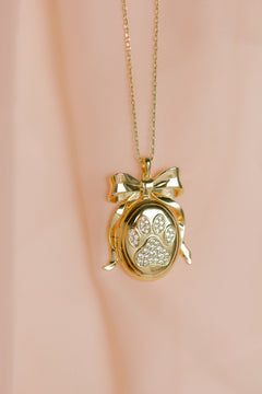 Gold necklace with a paw print locket on a pink background