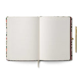 Open notebook with lined pages and a pen on a white background