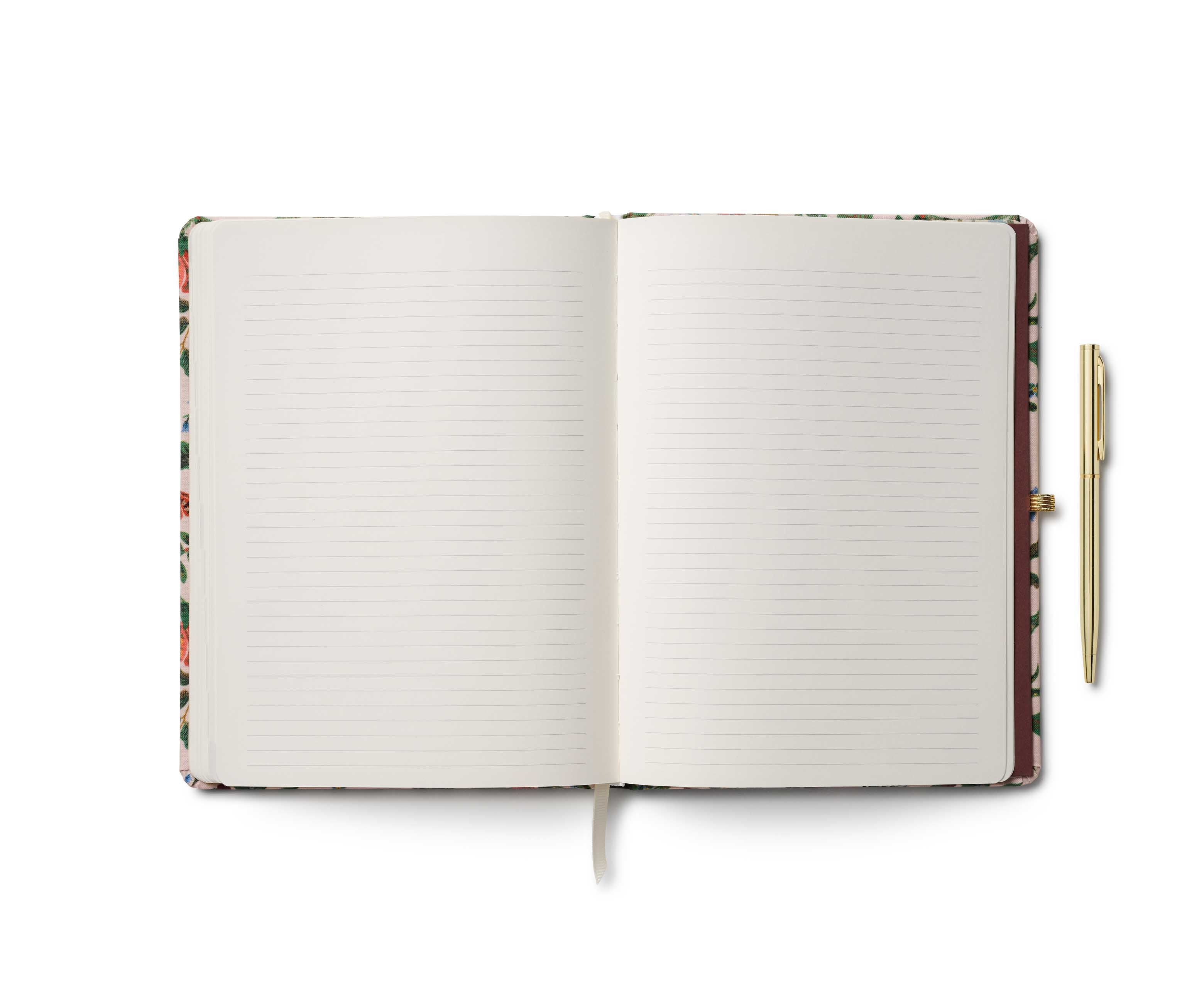 Open notebook with lined pages and a pen on a white background