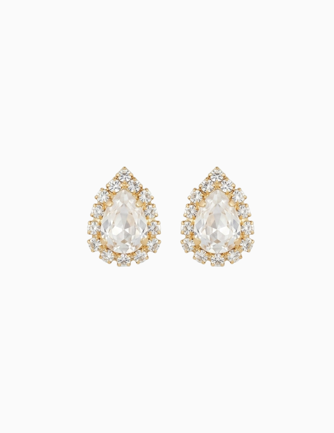 Pair of teardrop-shaped earrings with clear gemstones on a white background
