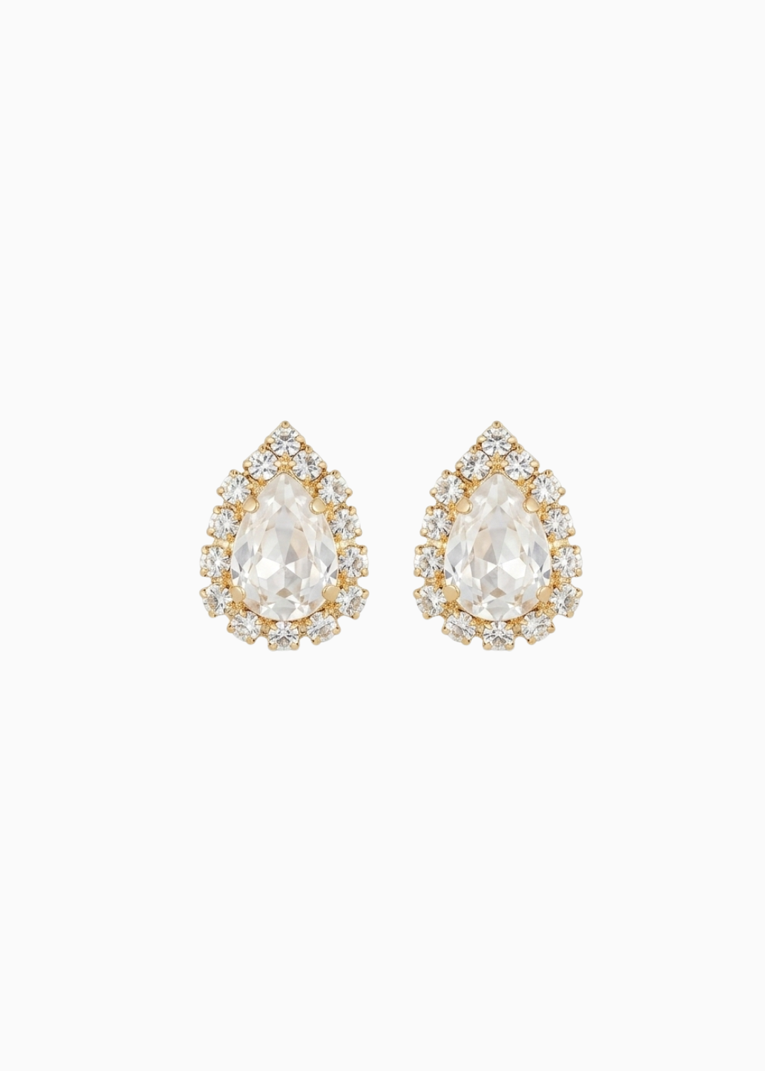 Pair of teardrop-shaped earrings with clear gemstones on a white background