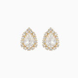 Pair of teardrop-shaped earrings with clear gemstones on a white background