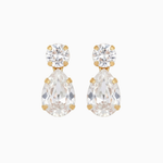 Pair of teardrop-shaped earrings with clear gemstones on a white background