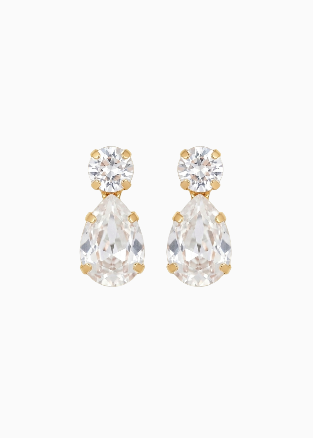 Pair of teardrop-shaped earrings with clear gemstones on a white background