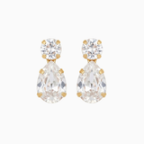Pair of teardrop-shaped earrings with clear gemstones on a white background