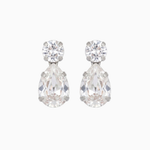 Pair of teardrop-shaped crystal earrings on a white background