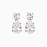 Pair of teardrop-shaped crystal earrings on a white background