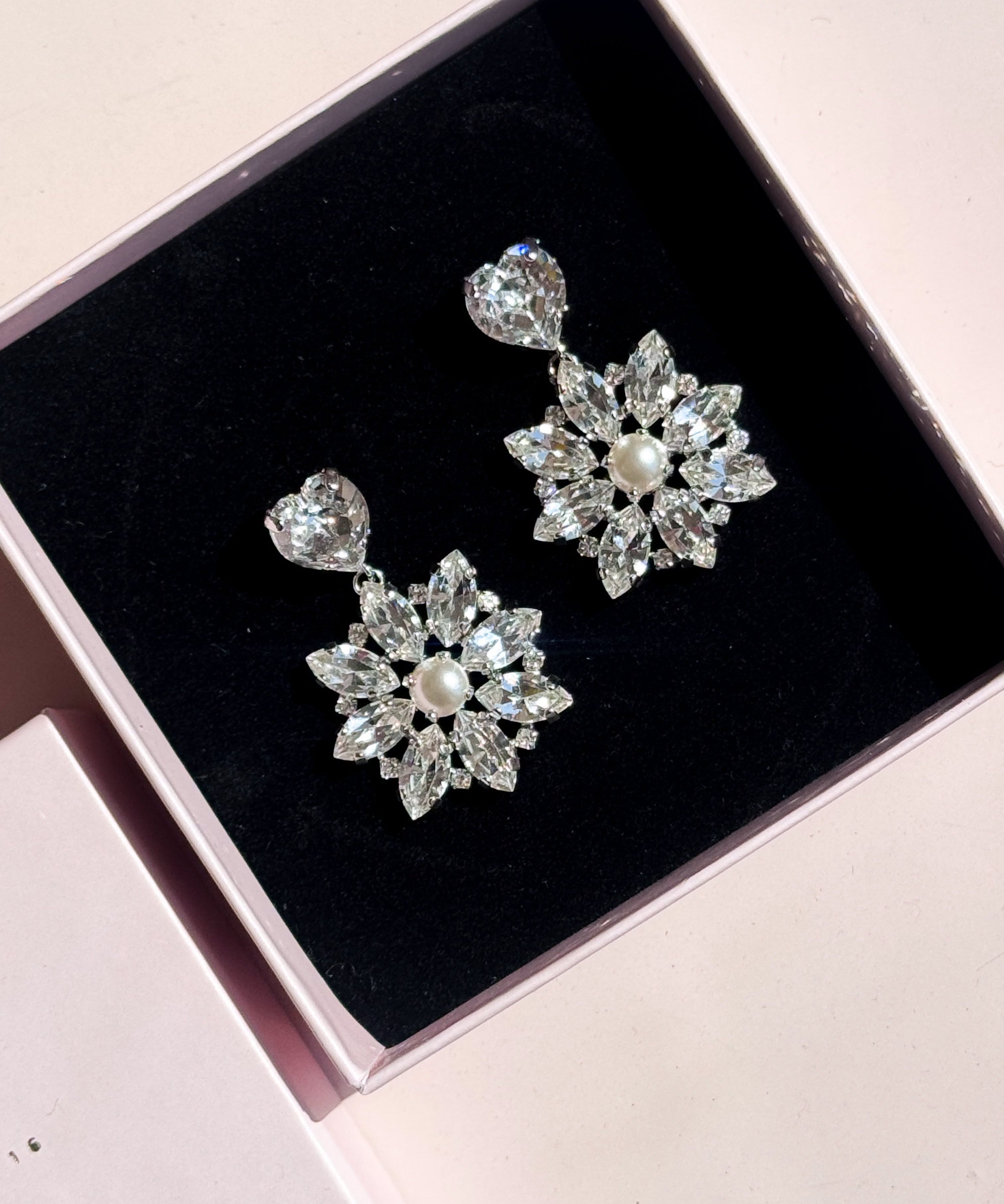 Silver Crystal Pearl Dangle Earrings with Swarovski Crystals and a pearl center