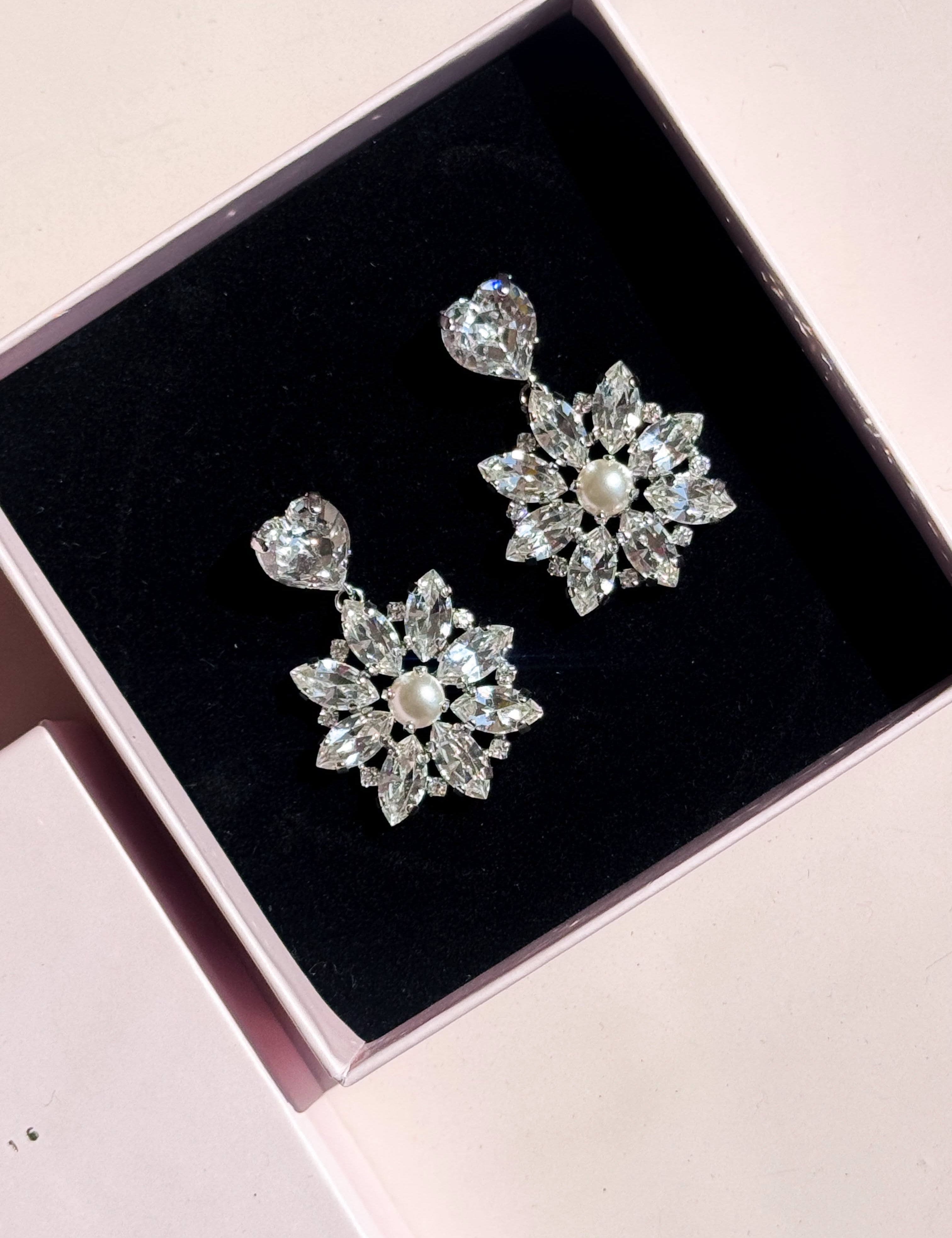 Silver Crystal Pearl Dangle Earrings with Swarovski Crystals and a pearl center