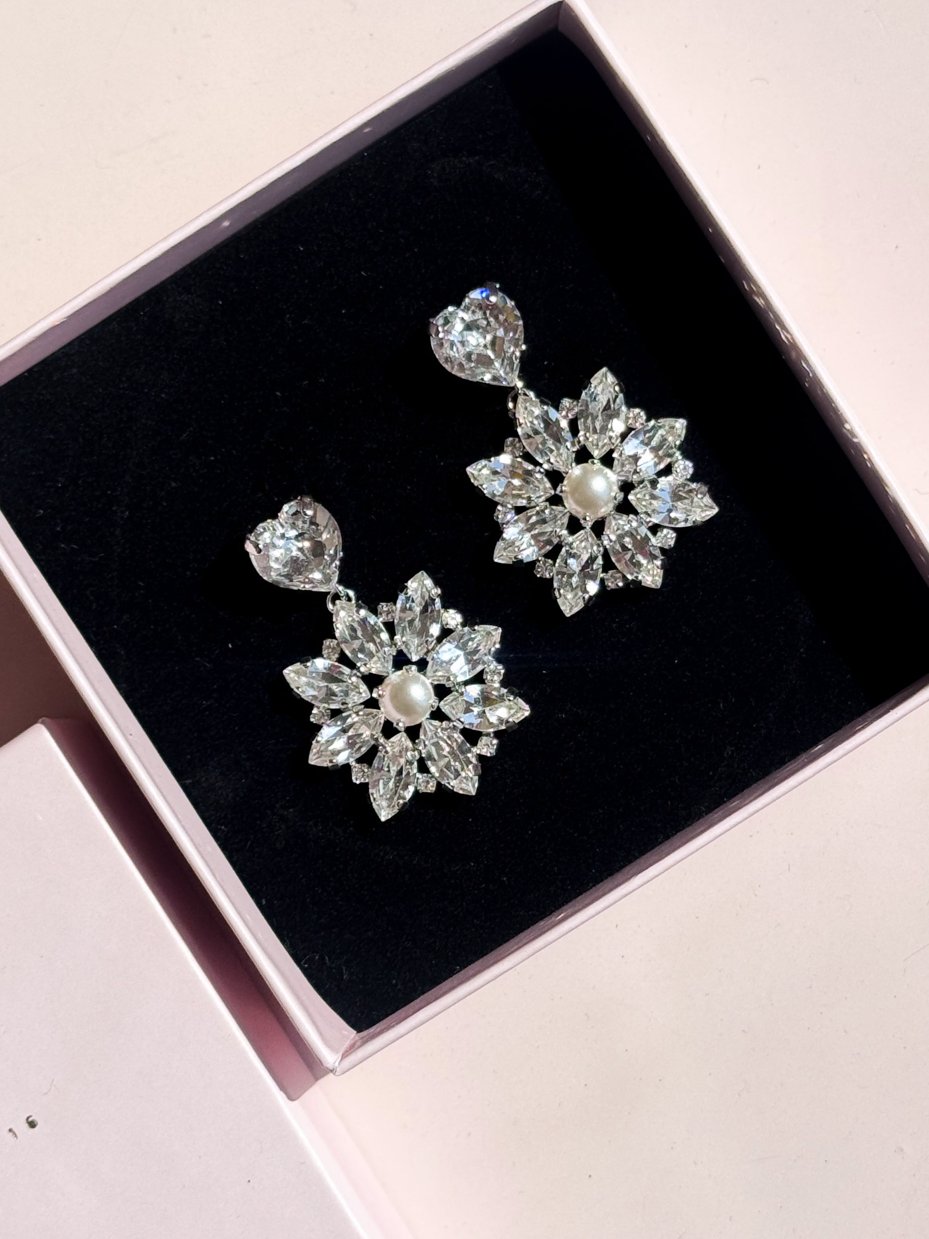 Silver Crystal Pearl Dangle Earrings with Swarovski Crystals and a pearl center