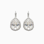 Pair of silver earrings with clear gemstones on a white background

