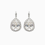 Pair of silver earrings with clear gemstones on a white background

