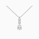 Silver necklace with a teardrop-shaped diamond pendant on a white background