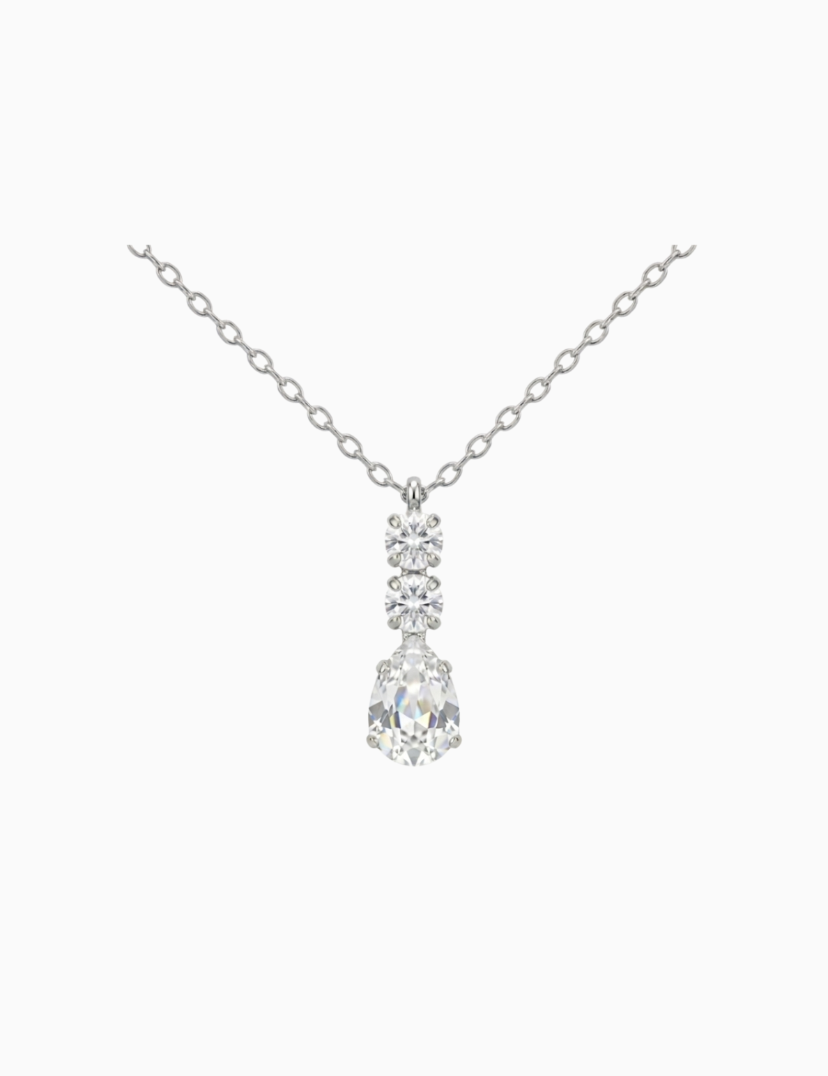 Silver necklace with a teardrop-shaped diamond pendant on a white background