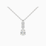 Silver necklace with a teardrop-shaped diamond pendant on a white background