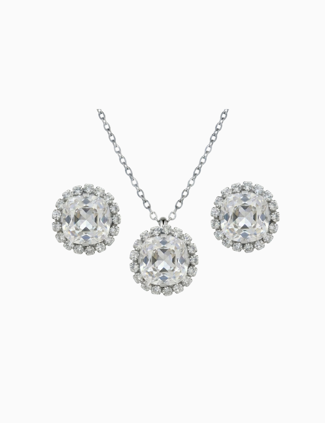 Jewelry set with necklace and earrings featuring large round crystals on a white background