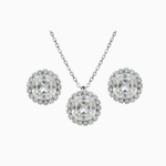 Jewelry set with necklace and earrings featuring large round crystals on a white background