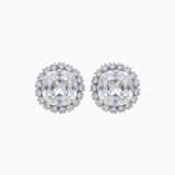 Pair of silver earrings with clear gemstones on a white background